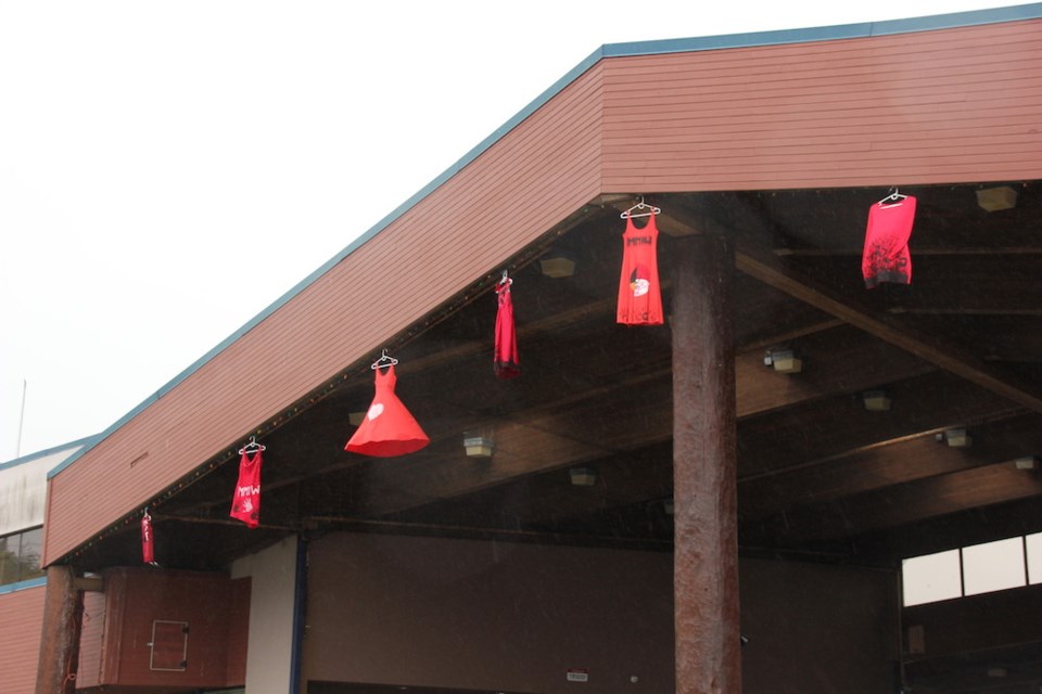 shíshálh Nation placed 10 red dresses to honour Missing and Murdered Indigenous Women, Girls and Two-Spirit People.