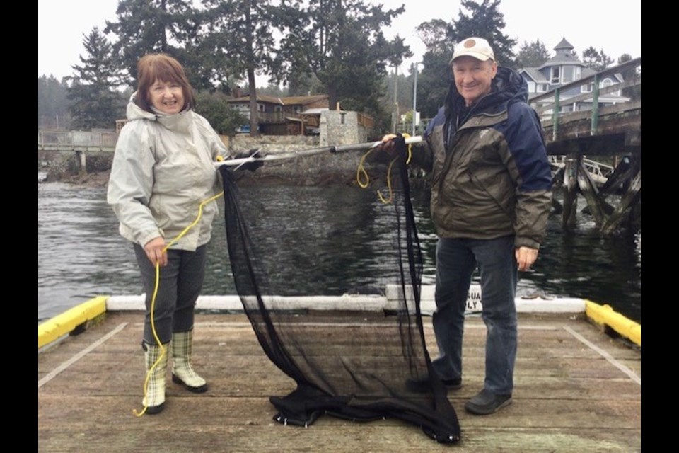 Sunshine Coast Rotary's Herring Enhancement Program "operations manager," Margie Garrard, holds up the left side of the net.