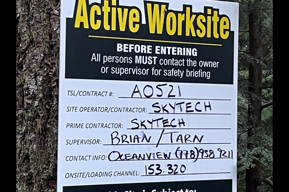 Active work signage displayed at cutblock TA0521 in upper Roberts Creek as of early April. 