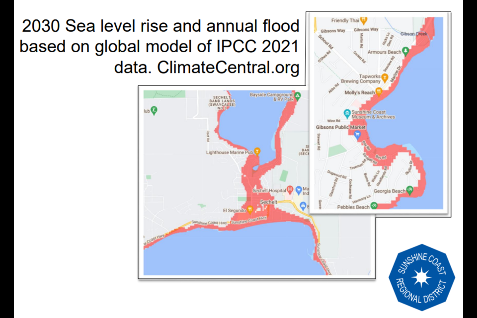 A prediction of where the sea level rise could be pushed during a surge event in 2030 was presented to Sechelt council on June 8. 