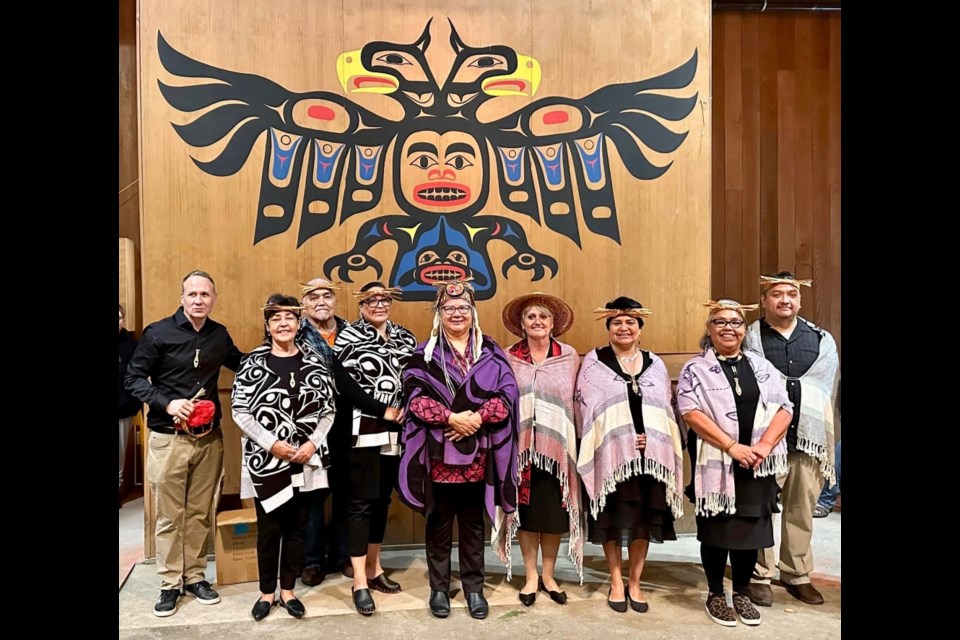 shíshálh Nation hosted an inauguration ceremony for its recently-elected chief and council on June 10. From left to right:  niniwum salepem (Shain Jackson), Barbara Joe, Warren Paul, Alvina Paul, National Chief RoseAnne Archibald, lhe hiwus yalxwemult (Chief Lenora Joe), ch’elkwilwet (Raquel Joe), oshale ( Rochelle Jones) and xwaʔ (Philip Paul).