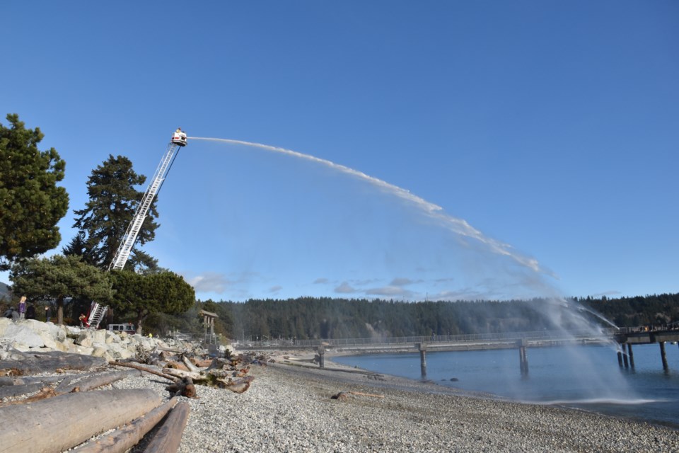 The Sechelt Fire Department was at Friendship Park on Wednesday, Feb. 17 to test the pressure and streaming distance of their newest fleet addition – a Pierce Ascendant 100-ft. Aerial Tower truck.