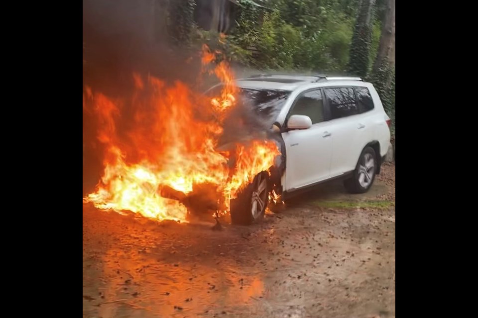 The SUV caught fire shortly after the owner returned home, they later reported smelling something unfamiliar in the car.