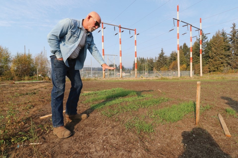 A farmer points to green strips of vegetation. A BC Hydro substation is in the background.