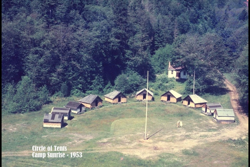 A circle of tents at Camp Sunrise circa 1953. 