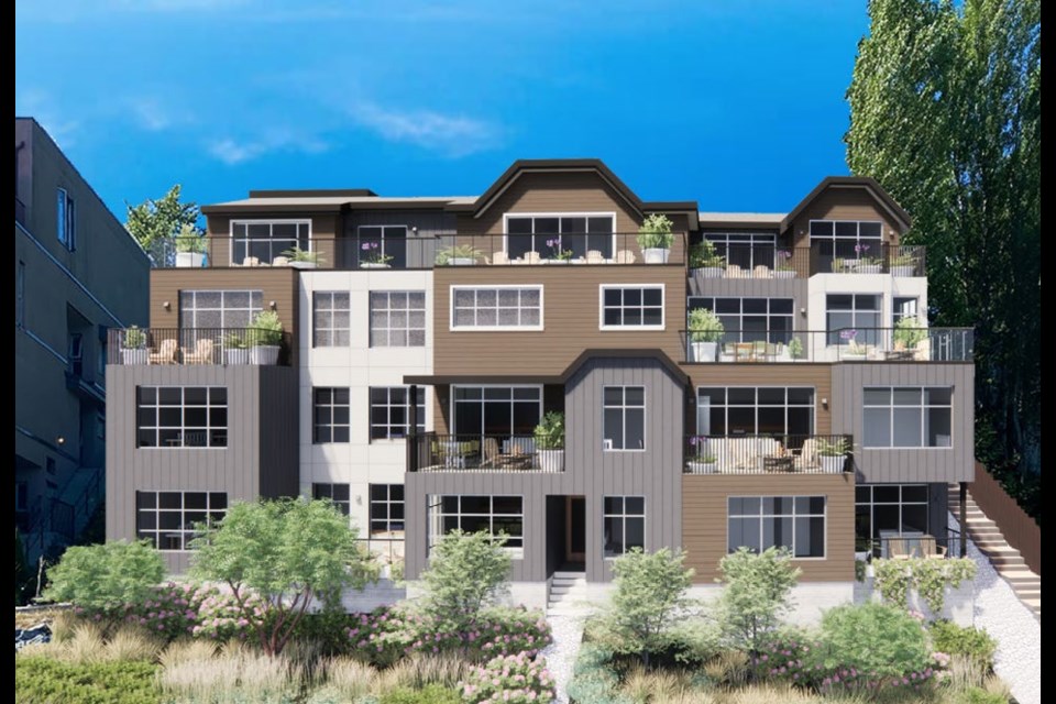 A rendering of the revised proposal for 456-458 Marine Drive as seen from the seawalk side of the building. 