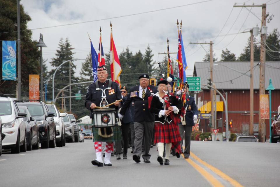 The parade leads the way to the cenotaph, departing the Sechelt Legion and closing Highway 101, for the Remembrance Day service on Nov. 11.