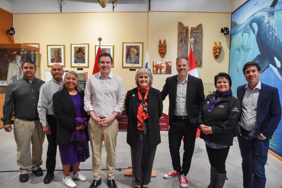 From left to right, Councillor Philip Paul, Councillor Keith Julius, Councillor Rochelle Jones, Terry Beech, Minister of Citizen Services, lhe hiwus yalxwemult (Chief Lenora Joe), Mark Holland, Minister of Health, Councillor Raquel Joe and Patrick Weiler, MP for West Vancouver–Sunshine Coast–Sea to Sky Country gathered to announce highlights from the 2024 budget. 