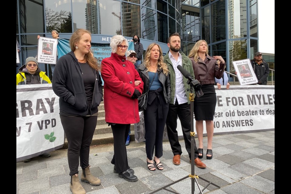 Family members and friends of Myles Gray stood with a group of supporters in front of Burnaby Coroners Court on April 17, the first day of the inquest into Gray's death.