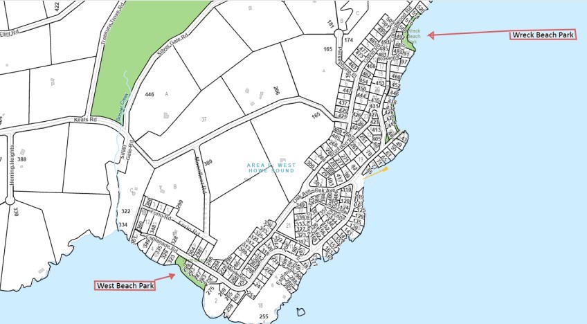 Map showing the locations of Wreck and West beach on Keats Island