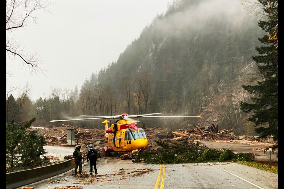 Canadian Air Force helicopters evacuated trapped travellers from Highway 7 on Nov. 15, after they were trapped between landslides the night before.