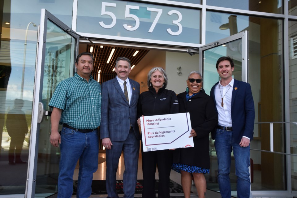 Left to right: Councillor Philip Paul, Nicholas Simons, MLA for Powell River-Sunshine Coast, lhe hiwus yalxwemult (Chief Lenora Joe), councillor Rochelle Jones and  Patrick Weiler, MP for West Vancouver–Sunshine Coast–Sea to Sky Country celebrate the grand opening of Our House of Clans.