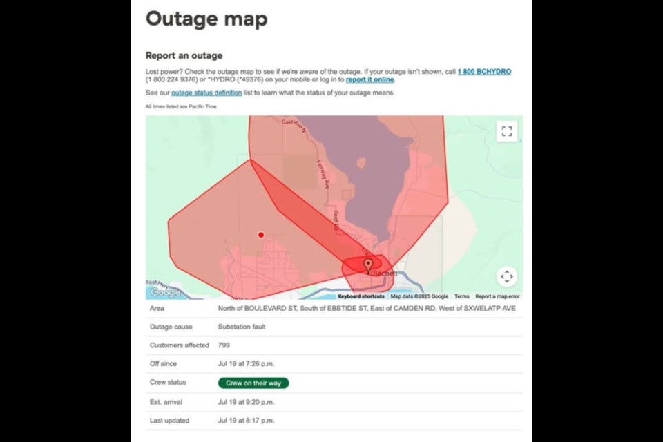 Power outage map from Sechelt, July 19.