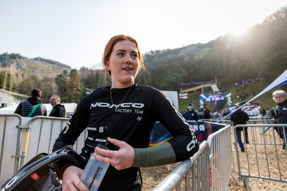Gracey Hemstreet competing at the 2022 downhill mountain biking World Cup in Lourdes, France.