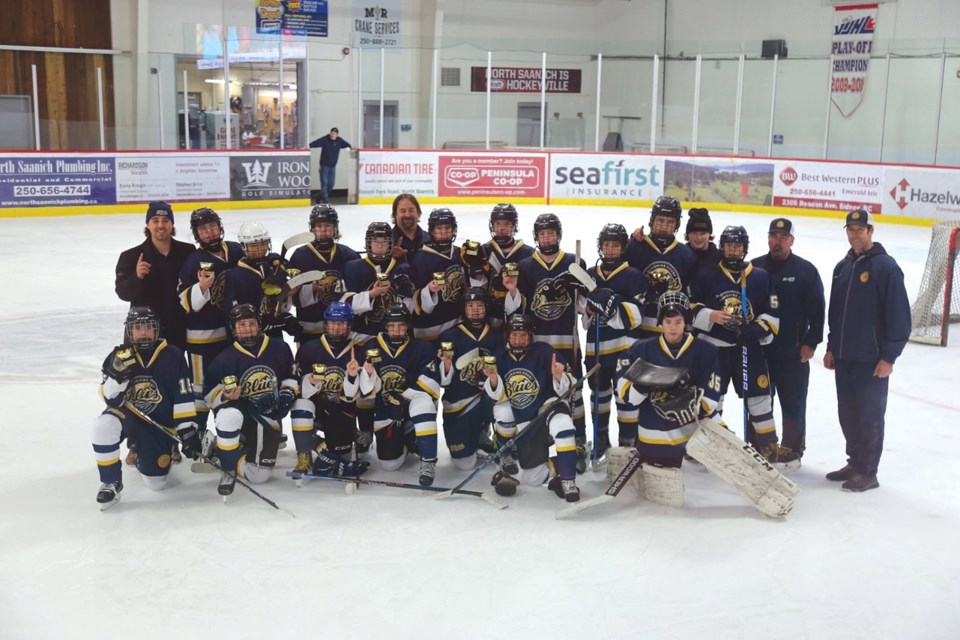 Back row left to right, U15 Blues: Head Coach Caymen Froude, Jakson Stevenson, Yuki Abe, Kane Napier, Gage Allen, Safety Chris Bell, Safety Adam Gibson,  Blake Gibson, Tyler Wing, Ferguson Scott, Matthais Chavez Morgan, Allen Bloemhard, Carter Bell, Seb Gilfillan Assistant Coach Chris Croteau. Front row: Ethan Croteau, Chance Fodchuk, Lov Lumley, Jaden Wingfield, Koji Kaneko, Aidan McKenzie, Jackson Stubley.