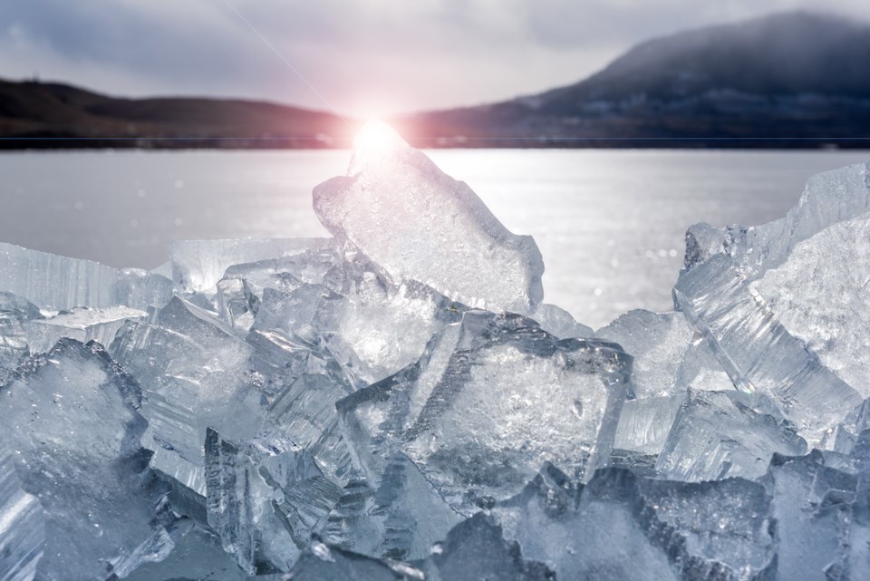 Chunks of ice, broken apart by high winds on a frozen Nicola Lake, are stacked on top each other like Dominos in the Nicola Valley of BC