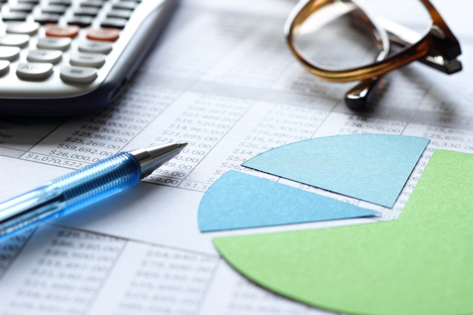 Close-up view of eyeglasses, calculator, pen and pie chart on top of tables and spreadsheets