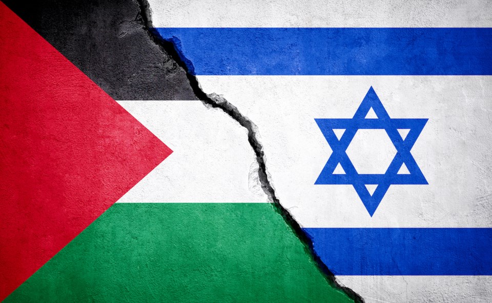 palestine-and-israel-conflict-country-flags-on-broken-wall-illustration