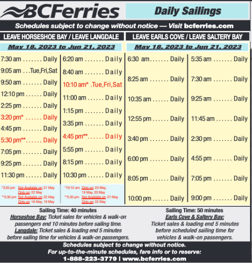 Horseshoe Bay-Sunshine Coast ferry schedule as well as the Earls Cove-Saltery Bay information