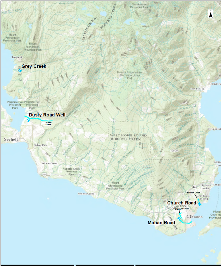A map shows the locations of tested potential well sites on the Sunshine Coast.