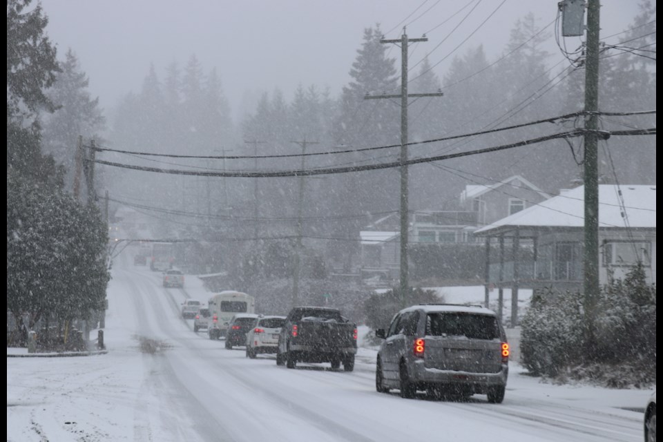 Semi trucks are stuck in Davis Bay in the approach to the hill leading into Sechelt, Feb. 3
