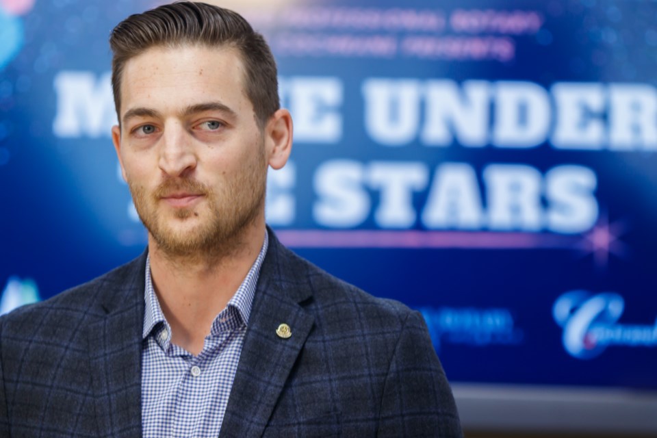 Young Professional Rotary Club of Cochrane chair Ryan Baum announces the upcoming drive-in event set to take place the Spray Lake Sawmills Family Sports Centre “Movie Under the Stars” at Cochrane Toyota on Friday (May 22). (Chelsea Kemp/The Cochrane Eagle)