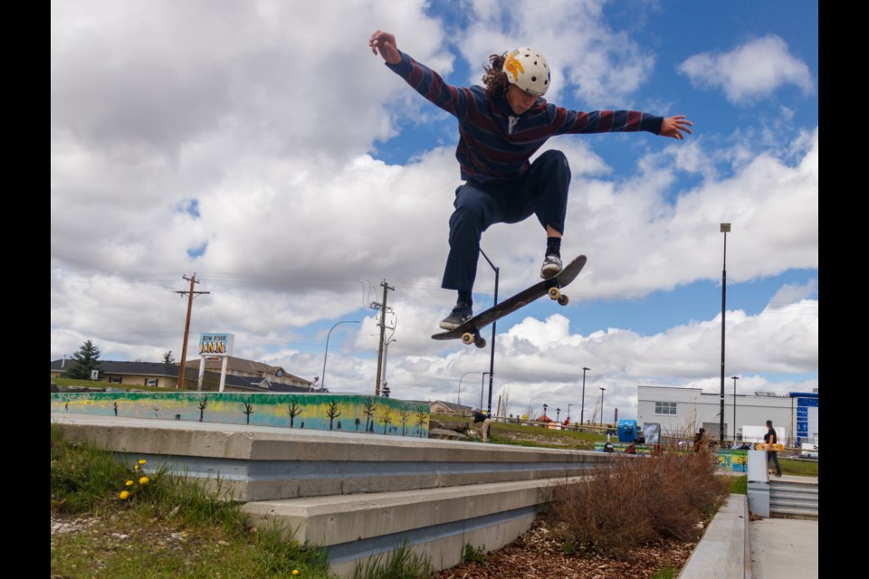 Rocky Marr flies across Cochrane's Zero Gravity Skate Park bowl Saturday (May 23). The skate park has been closed due to COVID-19 health measures. The Town of Cochrane began reopening Town playgrounds, including the skate park on May 14 as part of Stage One of the Alberta Economic Relaunch. (Chelsea Kemp/The Cochrane Eagle)
