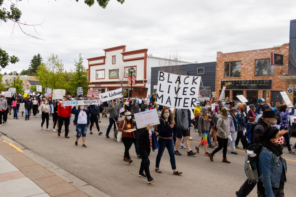 Protesters participate in the Cochrane Black Lives Matter rally on Sunday (June 14). (Chelsea Kemp/The Cochrane Eagle)