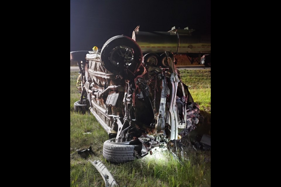 Cochrane RCMP responded to an incident in which a vehicle was driving head-on toward oncoming vehicles on Highway 22 north of Cochrane on Sunday (Aug. 2) morning. After engaging in a pursuit the vehicle,  driven by a 36-year-old man from Calgary,  clipped a semi and rolled over before coming to a stop. Cochrane RCMP Photo