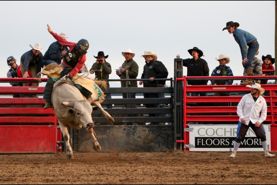 Blake Smith from Abbey, Sask. rides Bad Moon Rising at the 20th annual Cochrane Classic Bull Riding at the Cochrane Fair on Aug. 21, 2021. (Jessica Lee/Cochrane Eagle)