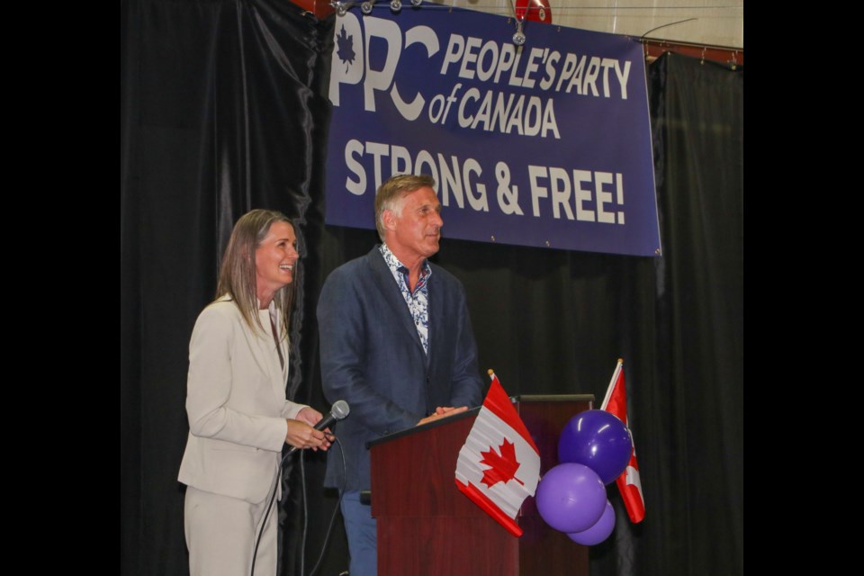 People’s Party of Canada leader Maxime Bernier and local candidate Nadine Wellwood speak at an event at the Lion’s Club Event Centre on Monday (Aug. 30). (Jessica Lee/The Cochrane Eagle)