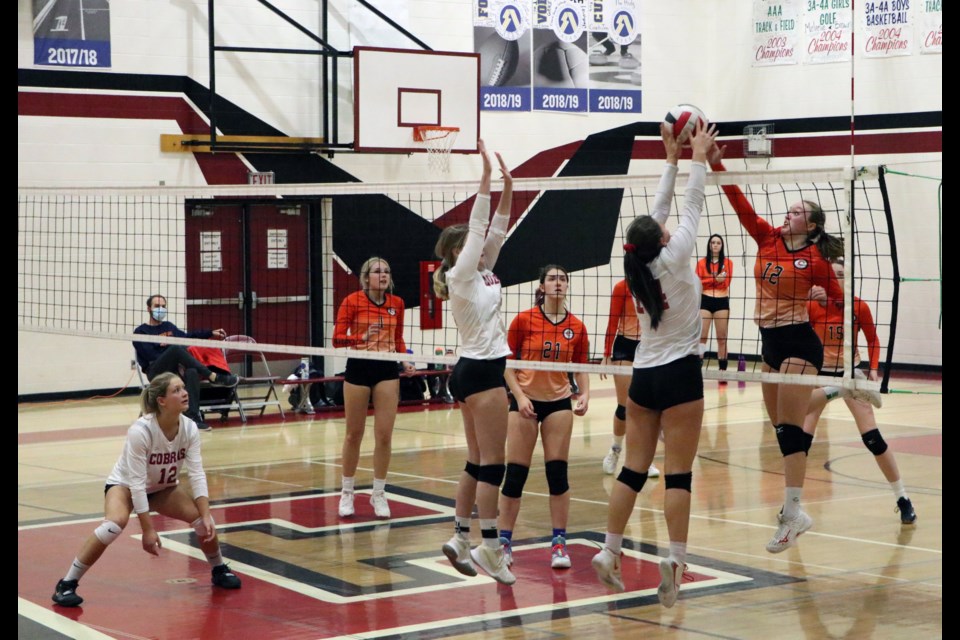 Cobras players and Cavaliers players meet fight to tip the ball over the top of the net. (Jessica Lee/The Cochrane Eagle)