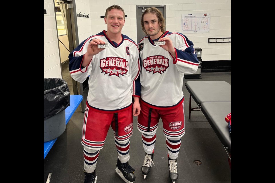 Patrick Forde, left, scored his 50th goal this season for the Generals in a game against the Airdrie Thunder Jan. 28. Fellow linemate Kyle Crosbie, right, who recently joined the team from the WHL, celebrated scoring his first two goals for the Gens that same evening. (Photo/Cochrane Generals Twitter)