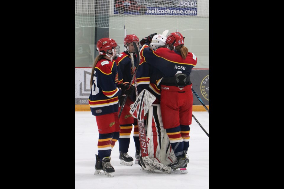 The Cochrane Chaos celebrate a win at Spray Lake Sawmills Family Sports Centre. (File Photo)