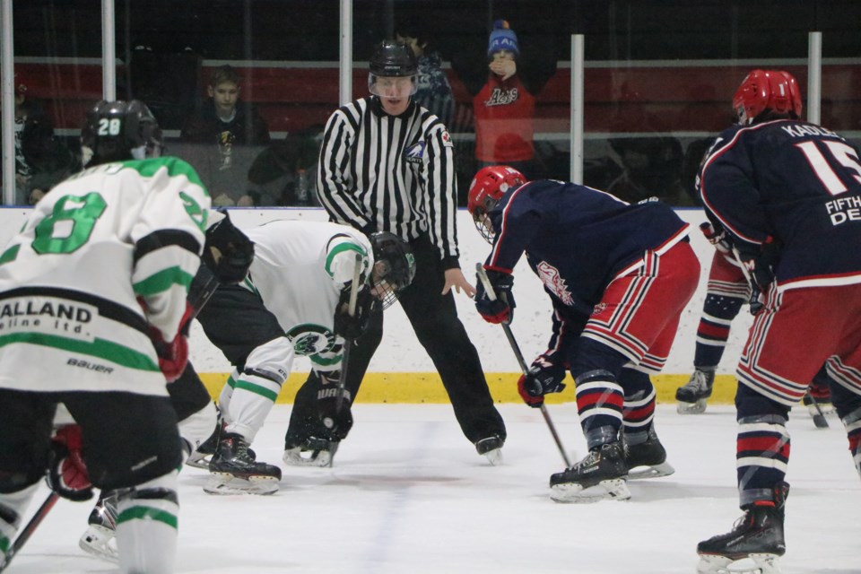 The Cochrane Generals and Rocky Rams face off at the Cochrane Arena in Game 5 of a seven-game semifinal playoff series Feb. 24. (Jessica Lee/The Cochrane Eagle)