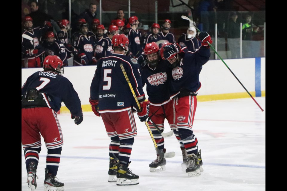 The Generals celebrate a goal during their series opener against the Red Deer Vipers at the Cochrane Arena March 3. The Gens leads the series 2-1 after Game 2 and three this past weekend. (Jessica Lee/The Cochrane Eagle)