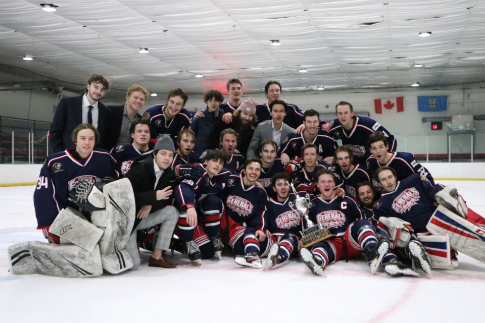 After winning Game 5 against the Red Deer Vipers to clinch the north, the Gens pose for a photo on the ice at the Cochrane Arena. (Jessica Lee/The Cochrane Eagle)