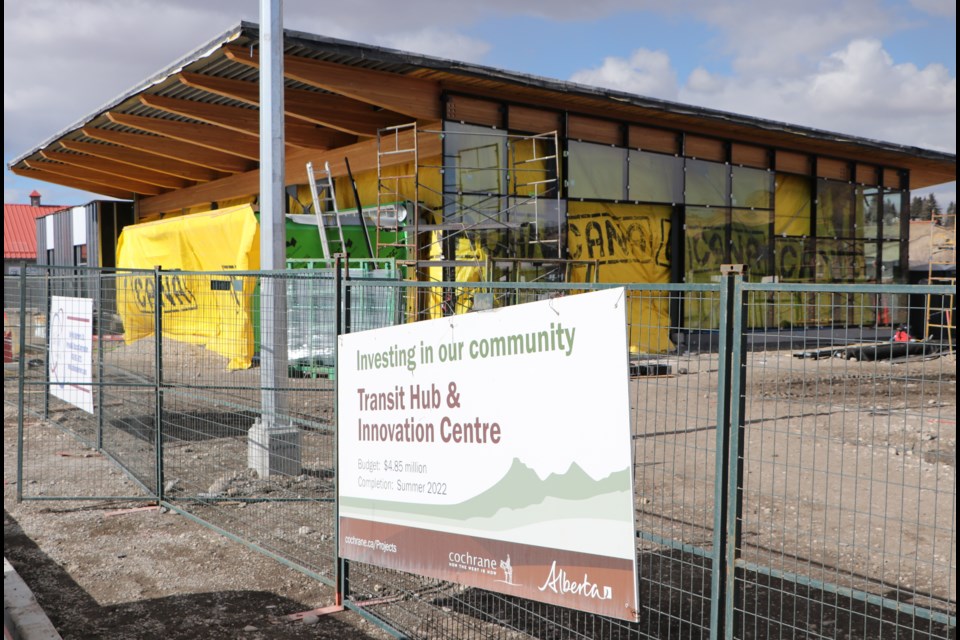 The Station aka transit hub is pictured here under construction March 16. The town remains firm on a completion date of summer 2022. (Jessica Lee/The Cochrane Eagle)
