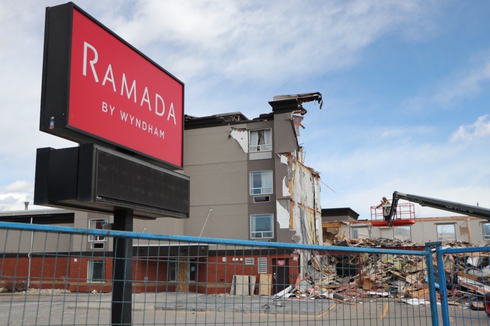 The Cochrane Ramada is being demolished today, April 6, after a fire broke out at the hotel in early February. (Jessica Lee/The Cochrane Eagle)
