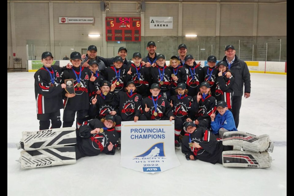 The Cochrane Rockies U13 Tier 1 team claimed the provincial title in an exciting 6-5 OT win over Drayton Valley on April 3, 2022 in Grande Prairie. (Photo Submitted)