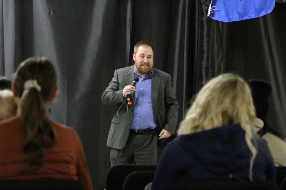 Jeff Park, Alberta Parents' Union executive director, talks to parents and other parties interested in Alberta's education system, at the beginning of the newly-formed group's province-wide tour in Cochrane May 19. (Submitted Photo)