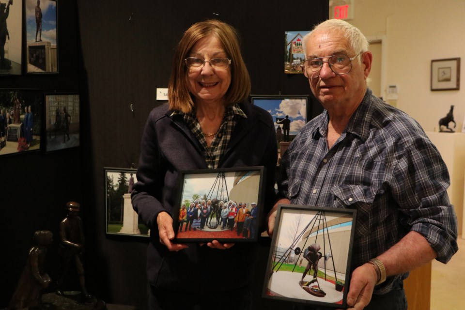 Shirley, left, and Don Begg of Studio West Bronze Foundry in Cochrane, were asked to produce a statue for Fred Sasakamoose - the first treaty-status Indigenous person to play in the NHL. (Jessica Lee/The Cochrane Eagle)