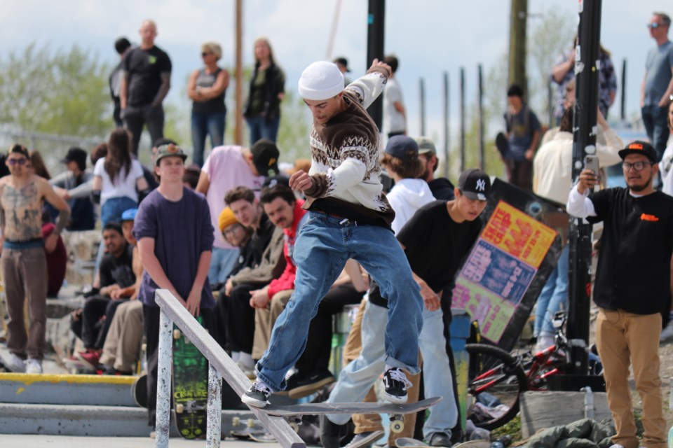 A skateboarder competes in the best trick competition at Shredz Fest at the Zero Gravity Skate Park in Cochrane June 4. (Jessica Lee/The Cochrane Eagle)