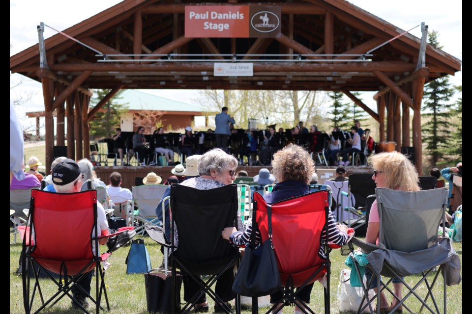 The Cochrane Music Society performs an outdoor concert with the Westwinds Music Society at Paul Daniels Stage in Cochrane May 28. On June 11, Cochrane Music Society's three ensembles will perform an indoor concert for the first time since 2019 at the "River Town Jubilee." (Jessica Lee/The Cochrane Eagle)
