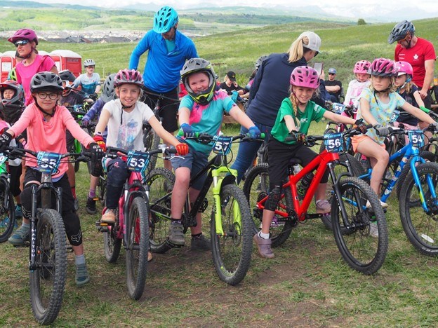 A group of racers lines up before their start time in the Angry Hawk Youth-Duro mountain bike race at the Cochrane Ag Society June 11. (Photo Submitted/Bri Sharpe)
