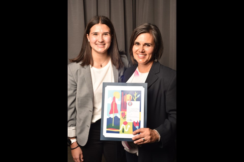 Jennifer Janzen, right, accepted an Emerald Award for Alberta Tomorrow with her daughter, Jade, at the 31st annual Emerald Awards ceremony in Calgary June 1. Jade won an Emerald Award last year in the youth category for her initiative, Lives with Less Plastic. (Photo Submitted)