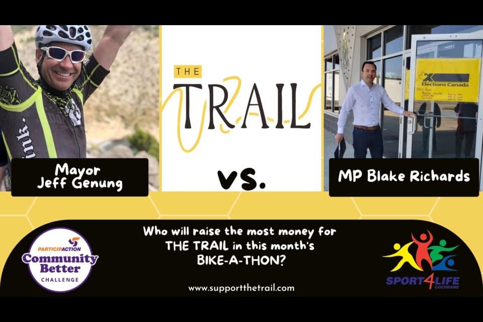 Cochrane Mayor Jeff Genung and Banff-Cochrane MP Blake Richards are competing to see who can raise the most money during this month's Bike-A-Thon in support of the Cochrane to Calgary trail project. (Photo Supplied/Sport 4 Life Cochrane)