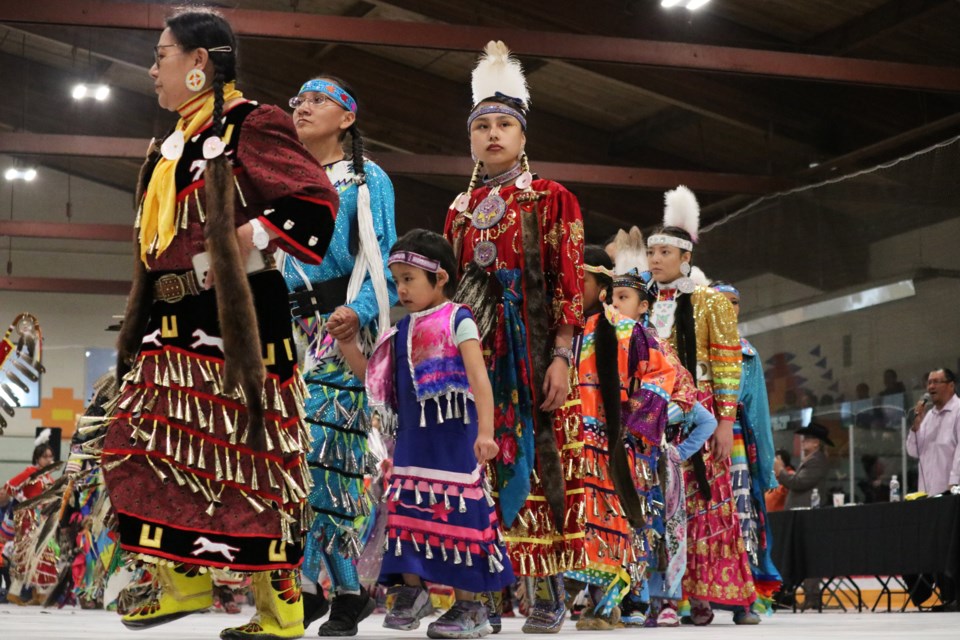 Jingle dancers participate in the inter-tribal dance at the Indigenous Peoples Day powwow at the Stoney Tribal Hockey Arena and Gymnasium in Morley June 21. (Jessica Lee/The Cochrane Eagle)