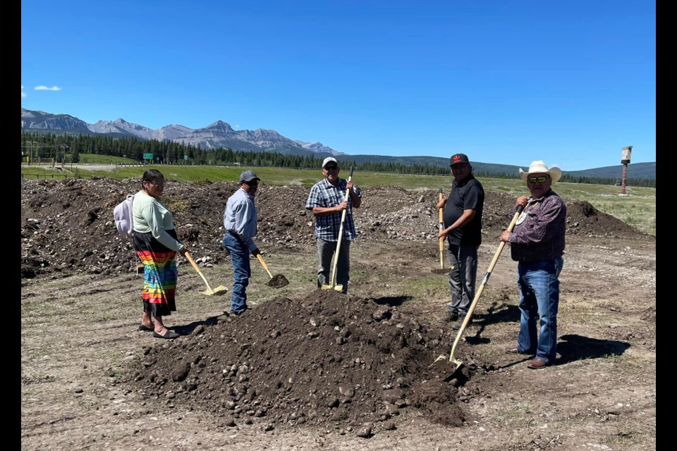Goodstoney First Nation council members Krista Hunter, left, Rufus Twoyoungmen, Hank Snow, Shane Crawler and Chief Clifford Poucette celebrated the announcement of the Stoney Nakoda band's latest development, Goodstoney Meadows, with a sod-turning ceremony on July 11. (Photo Submitted/Trent Fox)