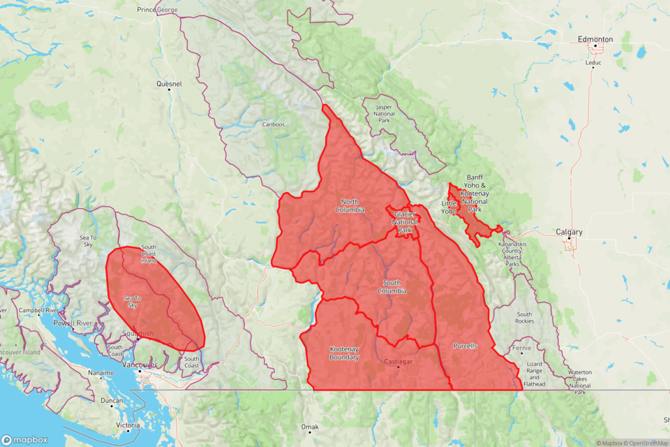 Avalanche Canada is issuing a warning for all of the affected areas outlined on the map between B.C. and parts of western Alberta. (Photo Supplied/Avalanche Canada)